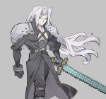  1boy akiyoku armor black_gloves black_pants diamond_sword english_commentary final_fantasy final_fantasy_vii gloves grey_background highres holding holding_sword holding_weapon long_hair male_focus minecraft pants sephiroth shoulder_armor silver_hair simple_background smile solo super_smash_bros. sword weapon 