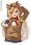  1girl abukuma_(kantai_collection) alternate_costume animal_costume antlers arm_behind_head bangs bell black_hair blonde_hair blue_eyes blush christmas christmas_ornaments ebifurya eyebrows_visible_through_hair gift gloves highres holding holding_sack kantai_collection long_hair long_sleeves looking_at_viewer open_mouth reindeer_antlers reindeer_costume sack simple_background smile solo twitter_username white_background 