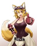  1girl altronage animal_ear_fluff animal_ears belt black_belt blonde_hair breasts commission emil_(nier) english_commentary fang goggles goggles_on_head gradient gradient_background hair_between_eyes hair_ornament highres looking_at_viewer mechanical_arms medium_breasts nier_(series) open_mouth original smile solo thumbs_up 
