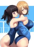  2girls ass bangs blonde_hair blue_jacket blush breast_press breasts breath brown_hair commentary_request eyebrows_visible_through_hair from_side hair_tie highres hug jacket jacket_over_swimsuit large_breasts medium_hair mole mole_on_breast multiple_girls one-piece_swimsuit open_mouth original purple_eyes school_swimsuit short_hair side_ponytail sideboob swimsuit thighs untue yellow_eyes 