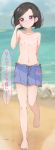  1girl arm_behind_back artist_name bangs barefoot beach black_hair blue_shorts blurry blurry_background blush bob_cut breasts collarbone commentary embarrassed frown fudou_devi full_body hair_strand hand_on_own_face highres kiratto_pri_chan looking_at_viewer male_swimwear male_swimwear_challenge navel ocean outdoors parted_bangs pretty_(series) purple_eyes raised_eyebrows short_hair shorts sky small_breasts solo standing swim_trunks swimwear tears thought_bubble topless translated twitter_username unhappy walking wiping_tears yuzukiaz 