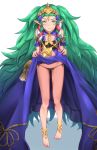  1girl absurdly_long_hair bare_shoulders barefoot black_panties breasts dress dress_lift exhibitionism fire_emblem fire_emblem:_three_houses green_hair highres jewelry lifted_by_self long_hair manakete necklace panties pointy_ears ribbon_braid side-tie_panties small_breasts smile solo sothis_(fire_emblem) thighs tiara toes underwear very_long_hair yamauchi_(conan-comy) 