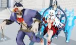  3d_(artwork) anthro archer_orion archer_orion_(bear) big_breasts breasts canid canine canis chain chasing clone clothed clothing digital_media_(artwork) domestic_dog fate_(series) female garmr group hi_res human humor male malicekira mammal managarmr_(housamo) muscular muscular_male open_mouth running smile tokyo_afterschool_summoners tongue ursid video_games wolf 