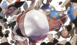  1girl absurdres barefoot bea_(pokemon) blue_eyes blurry blurry_foreground bodysuit_under_clothes bow breasts commentary_request crop_top dark_skin depth_of_field folded_leg foreshortening gajimaro gen_2_pokemon gloves grey_hair hair_between_eyes hair_bow hairband highres hitmontop knee_pads looking_at_viewer medium_breasts poke_ball pokemon pokemon_(game) pokemon_swsh shirt short_hair short_shorts shorts single_glove solo standing standing_on_one_leg thighs tied_shirt 