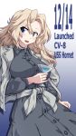  1girl 547th_sy blonde_hair blue_dress blue_eyes breasts buttons character_name clothes_around_waist cup dated dress drinking_glass eyebrows_visible_through_hair gradient gradient_background highres holding holding_cup hornet_(kantai_collection) jacket jacket_on_shoulders kantai_collection large_breasts long_hair long_sleeves open_mouth silver_jacket simple_background solo upper_body wine_glass 