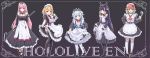  5girls absurdres adapted_costume alternate_costume apron ascot bangs belt black_choker black_dress black_gloves black_legwear blonde_hair blue_eyes border bow bow_choker bowtie breasts brown_background cargo_(pixiv27244088) choker crossed_legs curtsey dress dress_lift earrings enmaided feather_earrings feathers flat_chest frilled_apron frills full_body gawr_gura gloves gradient_hair green_hair hair_ornament hairband hand_on_hip highres holding holding_ladle holding_mop hololive hololive_english holomyth jewelry kneehighs knot ladle large_breasts loafers long_hair long_sleeves looking_at_viewer maid maid_headdress mary_janes medium_breasts messy_hair monocle_hair_ornament mop mori_calliope multicolored_hair multiple_girls ninomae_ina&#039;nis orange_hair pantyhose pink_eyes pink_hair purple_eyes purple_hair red_eyes sharp_teeth shoes short_sleeves simple_background smile swept_bangs takanashi_kiara teeth tentacle_hair thigh_strap thighhighs two_side_up very_long_hair virtual_youtuber watson_amelia watson_cross white_border white_gloves white_legwear 