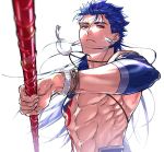  1boy abs blue_hair bodypaint bracelet closed_mouth crescent_necklace cu_chulainn_(fate)_(all) earrings expressionless fate/grand_order fate/stay_night fate_(series) floating_hair foreshortening gae_bolg hair_down holding holding_polearm holding_weapon incoming_attack jewelry lancer long_hair looking_at_viewer male_focus muscle polearm red_eyes shirtless simple_background skin_tight solo spiked_hair strap type-moon uni_(nico02) weapon white_background 