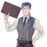  1boy alternate_costume beads blue_hair buttons closed_eyes closed_mouth collared_shirt cu_chulainn_(fate)_(all) earrings fang fate/stay_night fate_(series) grin hair_beads hair_ornament hand_on_hip happy holding jewelry kajijii lancer long_hair long_sleeves male_focus menu necktie ponytail red_eyes shirt simple_background smile solo spiked_hair type-moon vest waiter white_background 
