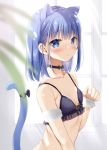  1girl animal_ears armpit_crease bare_arms bare_shoulders black_bra black_choker blue_eyes blue_hair blurry bra breasts cat_ears cat_girl cat_tail choker closed_mouth collarbone depth_of_field extra_ears from_side lingerie long_hair looking_at_viewer natsume_eri original sidelocks small_breasts solo string_bra tail tail_raised underwear underwear_only upper_body 