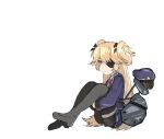  1girl absurdres black_ribbon blonde_hair blue_eyes blue_jacket blue_skirt cosplay expressionless eyepatch full_body girls_frontline hat highres jacket jitome loafers long_hair pantyhose pleated_skirt red_neckwear ribbon shoes simple_background sitting skirt solo super_shorty_(girls_frontline) sureido_(zhwa3228) thigh_strap two_side_up white_background 