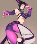  1girl abs armpits ass baggy_pants bangs belt black_hair blunt_bangs bracelet breasts cameltoe chinese_clothes detached_sleeves drill_hair dudou fingerless_gloves from_behind gengoroumaru_(ambidextrous) gloves gradient gradient_background halter_top halterneck han_juri jewelry looking_at_viewer medium_breasts nail_polish nose one_eye_closed panties pants purple_eyes purple_panties short_hair sideboob sidelocks solo spiked_bracelet spikes standing standing_on_one_leg stirrup_legwear street_fighter street_fighter_iv_(series) toeless_legwear twin_drills underboob underwear 