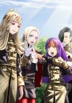  1boy 3girls alternate_costume cowboy_shot crown edelgard_von_hresvelg fire_emblem fire_emblem:_path_of_radiance fire_emblem:_radiant_dawn fire_emblem:_three_houses fire_emblem_heroes garreg_mach_monastery_uniform headband highres hubert_von_vestra multiple_girls open_mouth sanaki_kirsch_altina sukkirito_(rangusan) sunlight veronica_(fire_emblem) 