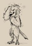 annoyed_expression anthro avian bird black_and_white breath_of_the_wild daftpatriot feather_hands feathers foreskin hand_on_head hi_res looking_at_viewer male monochrome nintendo nude rito solo standing tail_feathers teba_(tloz) the_legend_of_zelda towel video_games wet wings 