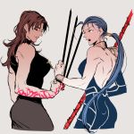  2girls backless_outfit black_keys blue_hair brown_hair command_spell cross cross_necklace cu_chulainn_(fate)_(all) earrings fate/stay_night fate_(series) from_side gae_bolg genderswap genderswap_(mtf) grey_background holding holding_sword holding_weapon j_(onjj) jewelry kotomine_kirei lancer looking_at_another multiple_girls necklace open_mouth ponytail red_eyes simple_background sword upper_body weapon 