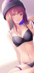  1girl arm_support bangs black_bra black_panties blue_hair blurry blurry_background blush bra breasts bright_pupils cleavage collarbone commentary dutch_angle eyebrows_visible_through_hair feet_out_of_frame green_hair groin hand_in_hair hand_up head_tilt hecatia_lapislazuli highres indian_style legband long_hair looking_at_viewer medium_breasts midorino_eni multicolored_hair navel open_mouth panties polos_crown purple_panties red_eyes red_hair sitting slit_pupils smile solo touhou underwear underwear_only wall 