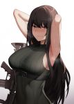 1girl armpits arms_behind_head arms_up assault_rifle bare_arms bare_shoulders belt black_hair black_sweater blush breasts brown_eyes cero_(last2stage) commission girls_frontline gradient gradient_background gun highres large_breasts long_hair looking_at_viewer m4_carbine m4a1_(girls_frontline) nose_blush ribbed_sweater rifle sleeveless sleeveless_sweater smile solo steam sweat sweater taut_clothes taut_sweater upper_body very_long_hair weapon white_background 