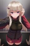  1girl ahoge ak-74m_(girls_frontline)_(rabochicken) black_jacket black_legwear blonde_hair closed_mouth empty_eyes eyebrows_visible_through_hair foreshortening girls_frontline hair_ornament hair_tucking highres jacket light_blush long_hair looking_at_viewer original out_of_frame pencil_skirt reaching_out red_skirt russian_text skirt snowflake_hair_ornament solo_focus standing thighhighs yakob_labo zettai_ryouiki 