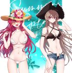  2girls absurdres ahoge anchor_earrings azur_lane bangs bikini black_bikini blue_sky breasts brown_hair candy cleavage closed_mouth collarbone commentary cowboy_shot criss-cross_halter cutoffs denim denim_shorts earrings english_text expressionless flower food green_eyes hair_between_eyes halterneck hat hat_flower highres holding holding_candy holding_food holding_lollipop jean_bart_(azur_lane) jean_bart_(secret_afternoon)_(azur_lane) jewelry large_breasts lollipop long_hair looking_at_viewer medium_breasts micro_bikini micro_shorts multiple_girls navel necklace one_eye_closed open_fly open_mouth palm_tree pirate_hat red_eyes red_hair sempon_(doppio_note) shorts sidelocks sky smile standing stomach straw_hat sun_hat sunglasses sunlight surcouf_(azur_lane) surcouf_(loisirs_balneaires)_(azur_lane) swimsuit thigh_gap tree very_long_hair white_bikini 