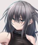  1girl arknights bangs bare_shoulders commentary eyebrows_visible_through_hair green_eyes grey_background grey_hair greythroat_(arknights) hair_between_eyes hane_(8ne_k) infection_monitor_(arknights) long_hair looking_at_viewer parted_lips portrait shirt simple_background sleeveless sleeveless_shirt solo 