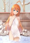  1girl absurdres ahoge bangs blue_eyes blurry blurry_background blush breasts closed_mouth cloud cloudy_sky covering cowboy_shot eyebrows_visible_through_hair hair_between_eyes highres holding holding_towel long_hair looking_at_viewer medium_breasts mimori_(mimori_05) nude nude_cover onsen orange_hair outdoors pecorine_(princess_connect!) princess_connect! princess_connect!_re:dive shiny shiny_hair sideboob sky smile snow solo standing stream towel very_long_hair wading winter 