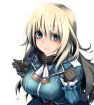  1girl atago_(kantai_collection) black_gloves blonde_hair breasts frilled_sleeves frills gloves green_eyes hair_between_eyes highres kantai_collection large_breasts long_hair long_sleeves military military_uniform nmz_(namazu) simple_background smile solo uniform upper_body white_background 