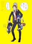  1girl 4boys absurdres adachi_tooru amamiya_ren black_hair black_jacket blue_hair brown_hair btmr_game carrying child formal hair_over_one_eye highres holding jacket long_sleeves morgana_(persona_5) multiple_boys narukami_yuu necktie pants persona persona_3 persona_3_portable persona_4 persona_5 ponytail red_neckwear shiomi_kotone signature silver_hair simple_background stuffed_animal stuffed_cat stuffed_toy suit sweat translation_request yellow_background younger yuuki_makoto 