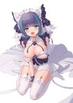  1girl absurdres aqua_eyes aqua_hair azur_lane breasts cheshire_(azur_lane) cleavage commentary_request dress garter_straps highres large_breasts looking_at_viewer maid maid_headdress multicolored_hair nipples no_shoes open_mouth purple_hair see-through sitting solo streaked_hair thighhighs user_wewj3337 wet wet_clothes white_legwear 