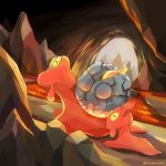  artist_name cave_interior closed_eyes closed_mouth commentary_request designer_ojisan fire from_side gen_2_pokemon highres magcargo molten_rock no_humans pokemon pokemon_(creature) rock slugma smile watermark 