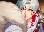  1boy bangs commentary_request crescent_print face facial_mark forehead_mark highres himmel_(allsky83) inuyasha japanese_clothes kimono lips long_hair looking_at_viewer male_focus parted_bangs parted_lips pointy_ears sesshoumaru solo teeth upper_body white_hair yellow_eyes 