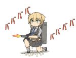  1girl ammo_box ammunition_belt backpack bag eyebrows_visible_through_hair eyes_visible_through_hair firing girls_frontline green_eyes gun highres holding holding_gun holding_weapon kneeling necktie rx78kuroko1 shell_casing solo sound_effects weapon welrod_mk2 welrod_mk2_(girls_frontline) 