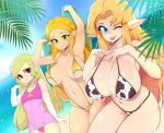  3girls ;p absurdres animal_print armpits arms_up bikini blonde_hair blue_eyes blush breast_envy breasts cow_print elbow_gloves embarrassed gloves green_eyes highres huge_breasts large_breasts long_hair looking_at_viewer multiple_girls multiple_persona navel one-piece_swimsuit one_eye_closed pink_swimsuit pointy_ears pout princess_zelda slingshot_swimsuit slugbox small_breasts swimsuit tears the_legend_of_zelda the_legend_of_zelda:_a_link_between_worlds the_legend_of_zelda:_breath_of_the_wild the_legend_of_zelda:_the_wind_waker tongue tongue_out white_gloves yellow_swimsuit 