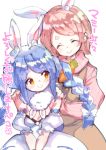  2girls :&gt; absurdres animal_ears apron blue_hair bob_cut braid brown_eyes brown_hair bunny-shaped_pupils bunny_ears carrot closed_eyes don-chan_(usada_pekora) dress fujishima-sei_ichi-gou hands_on_another&#039;s_shoulders highres hololive looking_back mother_and_daughter multiple_girls pekomama pink_sweater ribbon sidelocks simple_background smile sweat sweater translation_request twin_braids twintails usada_pekora white_background white_dress 