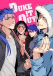  4boys alternate_costume beads blue_hair bodypaint closed_mouth cover cover_page cu_chulainn_(fate)_(all) cu_chulainn_(fate/grand_order) cu_chulainn_(fate/prototype) cu_chulainn_alter_(fate/grand_order) dark_persona doujin_cover earrings facepaint fang fate/grand_order fate/stay_night fate_(series) fur-trimmed_hood fur_trim gae_bolg grin hair_beads hair_ornament holding holding_polearm holding_weapon hood hood_up hoodie jacket jewelry lancer long_hair looking_at_viewer male_focus multiple_boys nozawa open_clothes open_jacket polearm ponytail red_eyes ring sharp_teeth shirt smile spiked_hair t-shirt teeth type-moon weapon 