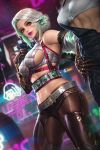  2girls bare_shoulders breasts ciri commentary cyberpunk_2077 dutch_angle freckles green_eyes light_smile lipstick long_hair looking_at_viewer makeup medium_breasts midriff multiple_girls navel neoartcore sideboob the_witcher_3 tied_hair white_hair 