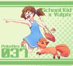  1girl blue_dress brown_hair commentary_request creature dress english_text gen_1_pokemon green_background jumping number pokedex_number pokemon pokemon_(creature) pokemon_(game) pokemon_bw ponytail school_kid_(pokemon) tied_hair toge_nbo vulpix 