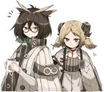  2girls ahoge arknights armband blonde_hair brown_eyes brown_hair buttons coat cup demon_horns dot_mouth eyebrows_visible_through_hair feather_hair freenote_mr glasses half-closed_eyes highres holding holding_cup horns id_card ifrit_(arknights) looking_at_another looking_at_viewer low_twintails mug multiple_girls orange_eyes rhine_lab_logo semi-rimless_eyewear shirt short_hair short_twintails silence_(arknights) simple_background standing striped striped_shirt tied_hair turtleneck twintails upper_body white_background white_coat 