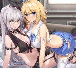  2girls asymmetrical_docking black_hair blonde_hair blue_eyes breast_press breasts character_request commentary_request copyright_request hat highres indoors large_breasts midriff mini_hat multiple_girls navel silver_hair stomach suiroh_(shideoukami) white_headwear 