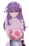  1girl bangs blush bouquet breasts chip_le_cree dress earrings fate/stay_night fate_(series) flower hair_ribbon highres jewelry large_breasts long_hair looking_at_viewer matou_sakura petals purple_eyes purple_hair ribbon simple_background smile white_background white_dress 