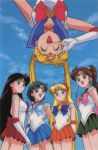  1990s_(style) aino_minako bangs bishoujo_senshi_sailor_moon black_hair blonde_hair blue_hair blue_skirt bow brown_hair closed_eyes crescent crescent_earrings day earrings elbow_gloves gloves green_skirt hair_bobbles hair_ornament high_ponytail hino_rei inner_senshi jewelry kino_makoto leotard long_hair magical_girl mizuno_ami official_art open_mouth orange_skirt pleated_skirt red_skirt sailor_collar sailor_senshi short_hair skirt sky smile star_(symbol) star_earrings tiara tsukino_usagi twintails upside-down v very_long_hair 