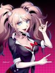  1girl \m/ bangs bear_hair_ornament black_shirt blue_eyes bow bra breasts brown_hair cleavage collarbone commentary danganronpa:_trigger_happy_havoc danganronpa_(series) datcravat enoshima_junko hair_ornament hand_up highres large_breasts long_hair looking_at_viewer nail_polish necktie red_bow red_bra red_nails red_skirt shirt skirt sleeves_rolled_up smile solo tongue tongue_out twintails underwear 