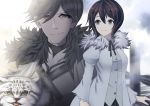  1boy 1girl aroha_j black_hair brown_eyes coat fur_trim hair_between_eyes long_sleeves looking_at_viewer manul_the_knight_of_the_fist oscar_the_frozen_sea_admiral outdoors pixiv_fantasia pixiv_fantasia_last_saga smile standing yuki_the_empress&#039;_aide 