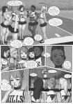  2020 5_fingers big_breasts bimbofication black_and_white border bottomwear breasts bubble_gum cassie_cooper cheerleader cheerleader_outfit clothing comic comic_page dark_body dark_skin dialogue english_text female fingers football_field footwear goalpost greyscale group hair human human_only long_hair male mammal marmalademum midriff monochrome navel not_furry ponytail shoes short_hair skirt small_breasts speech_bubble text topwear url white_border 
