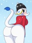  2020 animal_crossing anthro beanie bent_over big_breasts big_butt black_clothing black_eyes black_hat black_headwear blue_background blue_body blue_fur blue_gloves blush breasts butt clothing dipstick_tail elephant elephantid female floral_print fur gloves handwear hat headgear headwear hi_res looking_back mammal mr_rottson multicolored_tail nintendo proboscidean raised_tail rear_view red_clothing red_sweater red_topwear simple_background snow snowing solo sweater thick_thighs tia_(animal_crossing) topwear video_games white_body white_fur yellow_body yellow_fur 