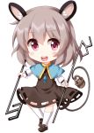  1girl animal_ears bangs basket blue_capelet capelet chibi dowsing_rod dress eyebrows_visible_through_hair full_body grey_dress grey_footwear grey_hair hair_between_eyes highres holding holding_rod jewelry long_sleeves looking_at_viewer medium_hair mouse mouse_ears mouse_tail nazrin open_mouth pendant pink_eyes ruu_(tksymkw) simple_background smile solo standing tail teeth touhou white_background white_legwear 