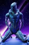  3d_(artwork) absurd_res alien bed blue_eyes clothing digital_media_(artwork) furniture hand_on_butt hi_res kagekave kneeling looking_at_viewer male mass_effect muscular muscular_male on_bed solo space turian underwear video_games 