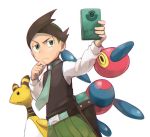  1boy ampharos aono_wo belt black_vest brown_hair chin_stroking closed_mouth commentary_request gen_2_pokemon gen_4_pokemon green_eyes green_hair green_neckwear half-closed_eyes holding long_sleeves looking_to_the_side male_focus multicolored_hair necktie pokemon pokemon_(creature) pokemon_(game) pokemon_dppt pokemon_platinum porygon-z shirt simple_background thorton_(pokemon) two-tone_hair vest white_background white_shirt 