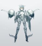  1girl absurdres ace_combat ace_combat_7 adf-11f_raven arms_at_sides bodysuit engine eyebrows_visible_through_hair full_body grey_hair grey_theme highres joints looking_at_viewer mecha_musume orange_eyes personification robot_joints shield short_hair si_(ruanmumu) solo standing wings 