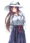  1girl absurdres alternate_costume amagi_(amagi626) arms_behind_back black_ribbon blouse blue_skirt blush breasts brown_hair closed_mouth collarbone commentary_request cowboy_shot gradient_hair hair_between_eyes hat hat_ribbon head_tilt highres hijiri_byakuren large_breasts long_hair looking_at_viewer multicolored_hair purple_hair red_ribbon ribbon simple_background skirt smile solo standing striped sun_hat touhou vertical_stripes very_long_hair white_background white_blouse white_headwear yellow_eyes 
