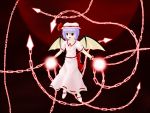  1girl bat_wings chain commentary_request dress hat light mob_cap moon night night_sky pink_dress puffy_short_sleeves puffy_sleeves purple_hair pzsumire red_moon remilia_scarlet short_sleeves sky solo spell_card touhou wings 