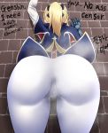  1girl ass black_ribbon blonde_hair blue_capelet bow brick_road capelet coattails gauntlets genshin_impact hair_bow high_ponytail highres jean_gunnhildr mkzk02 multicolored_capelet pants ribbon solo steaming_body sweat tight tight_pants top-down_bottom-up white_pants 